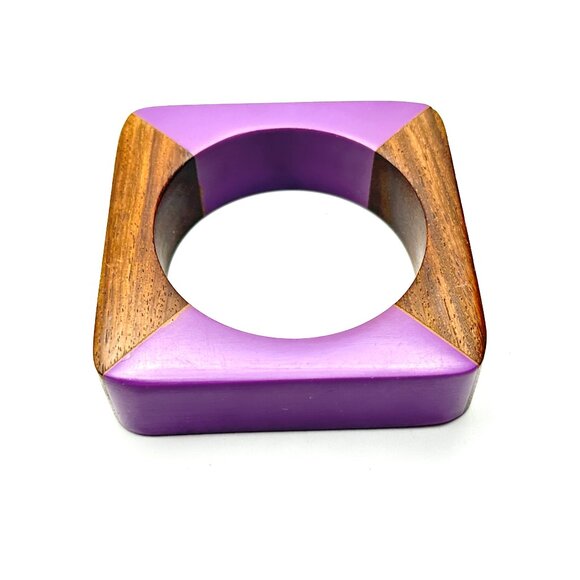 Vintage 1970s Lucite & Wood Bangles — Handcrafted Geometric Bracelets — EUC - Picture 13 of 16